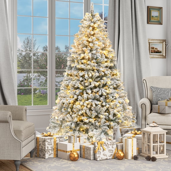 Dextrus 6ft Snow Flocked Artificial Christmas Tree with 250 Lights, Pre-Lit Holiday Christmas Pine Tree with 800 Branch Tips, 8 Light Modes and Foldable Base