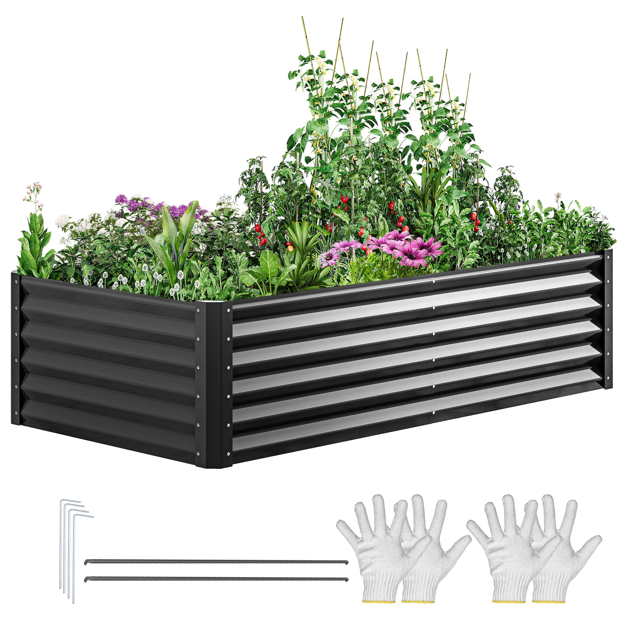 Dextrus 6x3x1.5 Ft Raised Garden Bed Kit with Gloves, Large Galvanized Metal Planter Box, Black