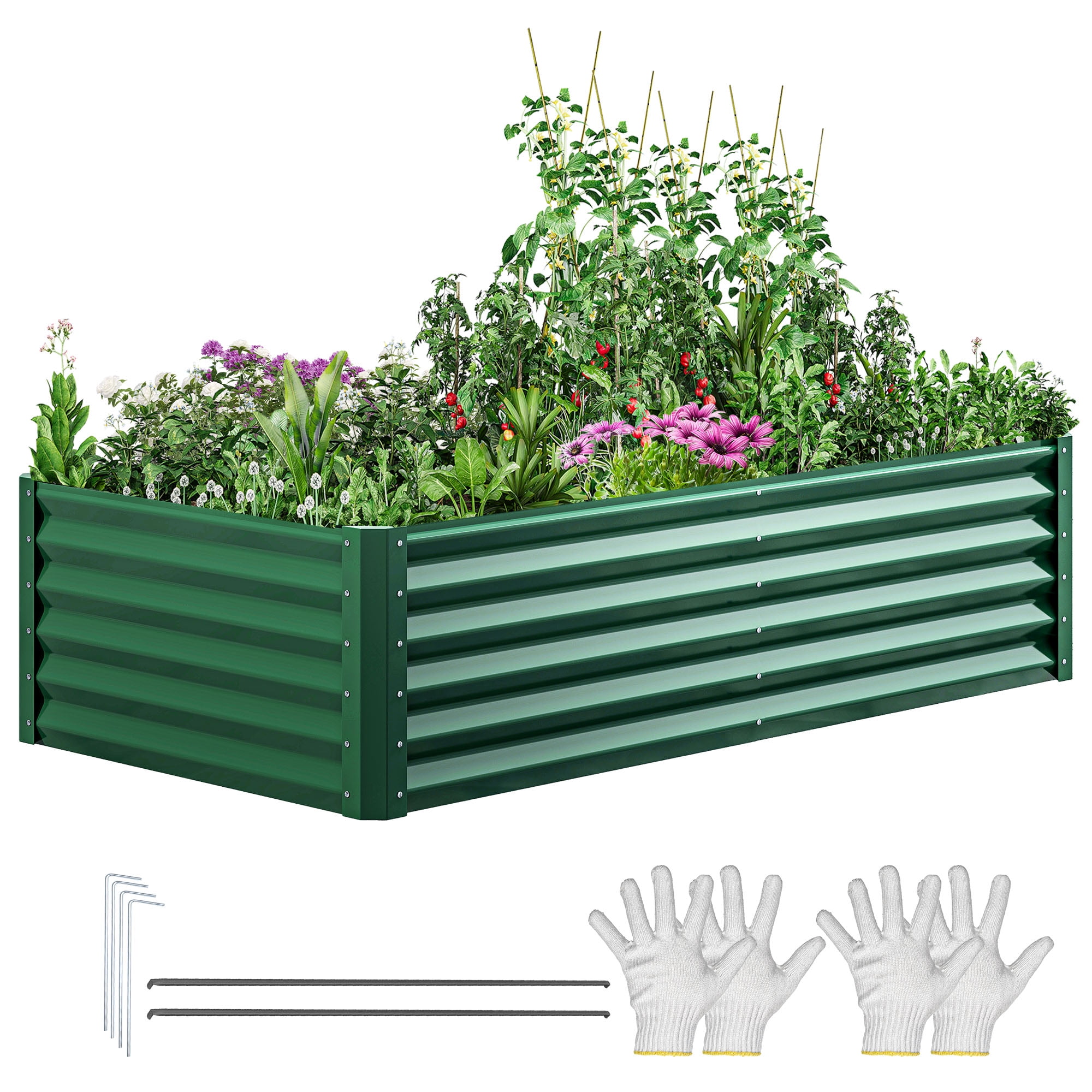 Dextrus 6x3x1.5 Ft Raised Garden Bed Kit with Gloves, Large Galvanized Metal Planter Box, Green