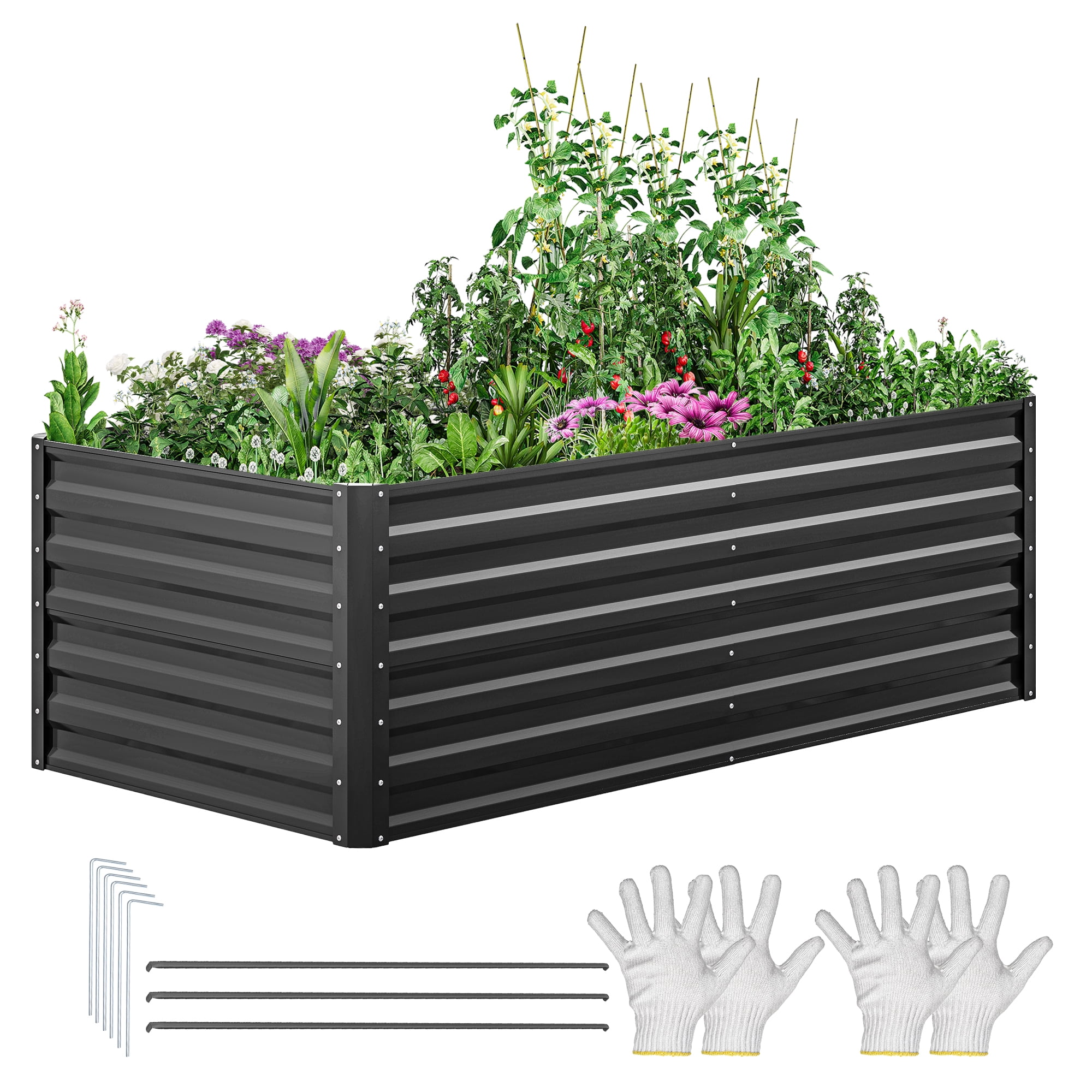 Dextrus 6x3x2Ft Large Raised Garden Bed, Galvanized Metal Planter with Accessories & Gloves, Black