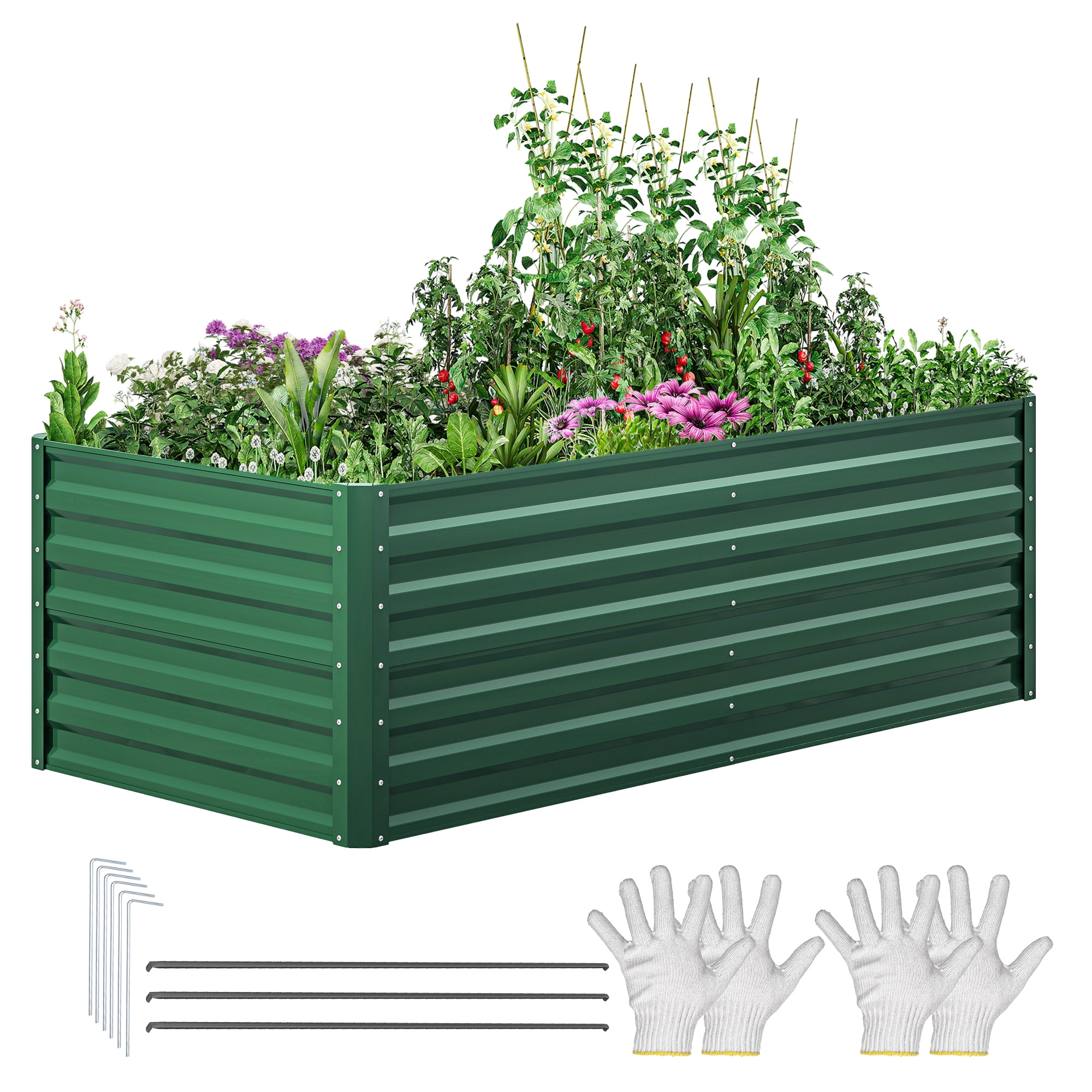 Dextrus 6x3x2Ft Large Raised Garden Bed, Galvanized Metal Planter with Accessories & Gloves, Green