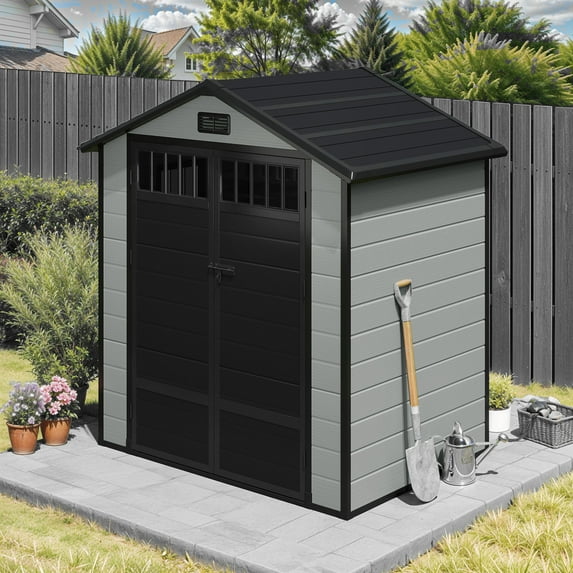 Dextrus 6x4.4 FT Outdoor Storage Shed with Floor and Window, Large Storage Shed with Lockable Door, and Vents, Blue Gray