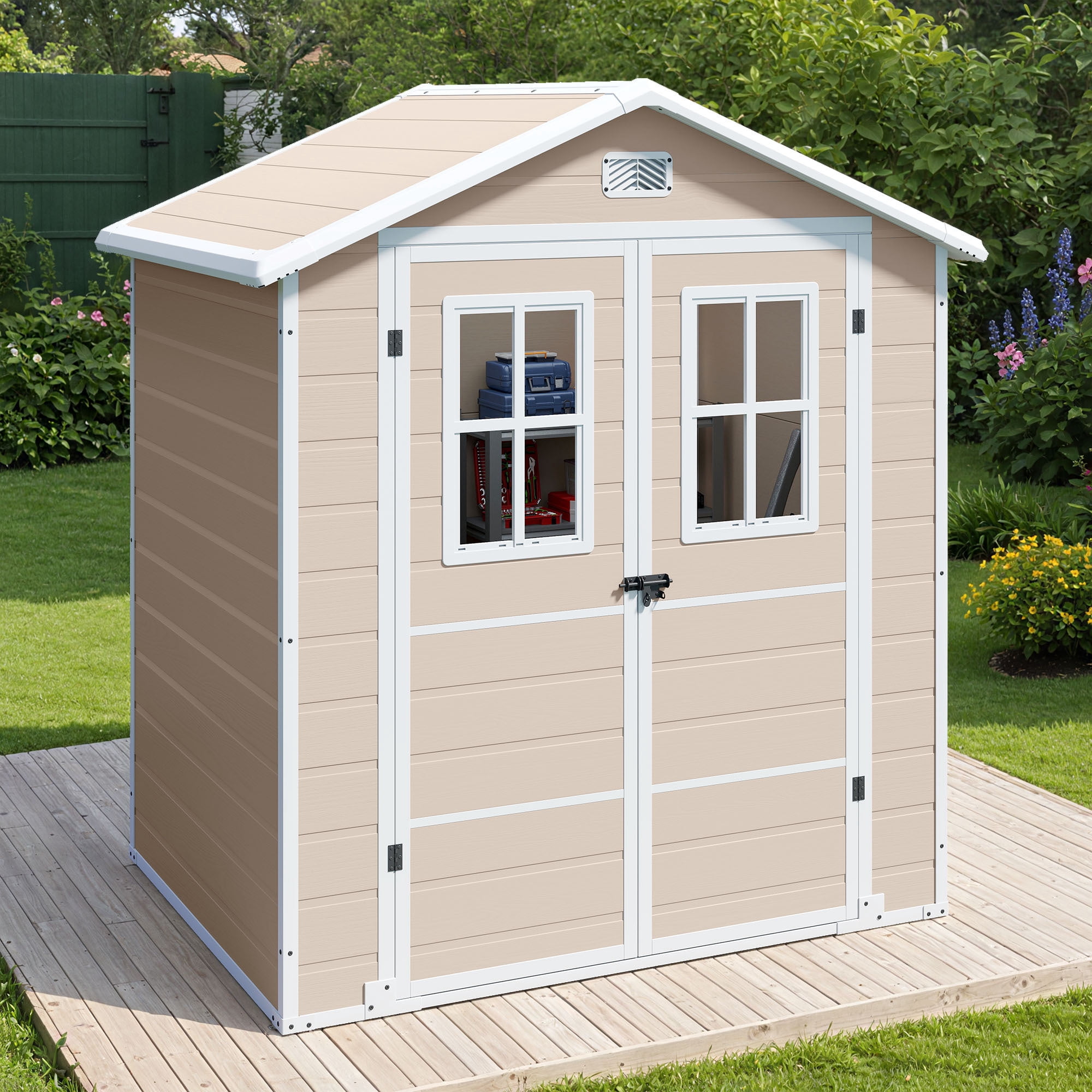 Dextrus 6x4.4ft Plastic Outdoor Storage Shed, Double-Wall Garden Tool Shed with 2 Windows & Lockable Door, Weatherproof Outside Storage Cabinet for Patio Backyard Lawn, Beige