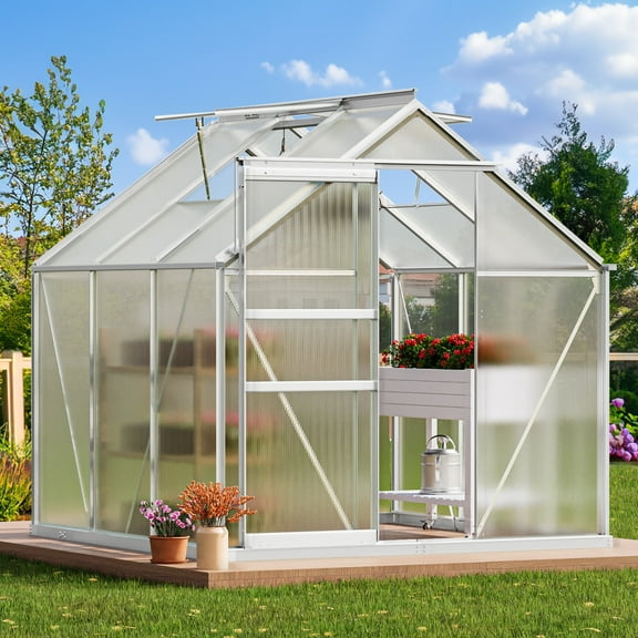Dextrus 6x6FT Robust Aluminum & Polycarbonate Greenhouse: Walk-in Structure with Sliding Doors, Vent Windows, UV Protection, Matte Silver Finish for Outdoor Gardens