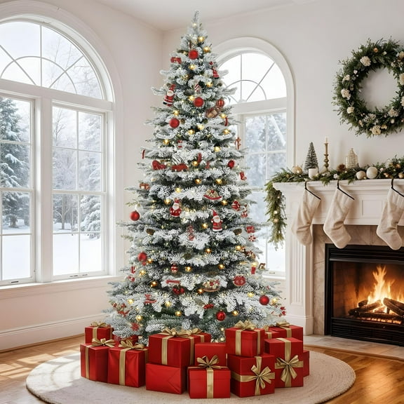 Dextrus 7.5 FT Prelit Flocked Layered Spruce Christmas Tree, Pre-Decorated Artificial Pine Christmas Tree with 1278 Tips & 550 Lights, Remote Control,11 Light Modes, White Flocked