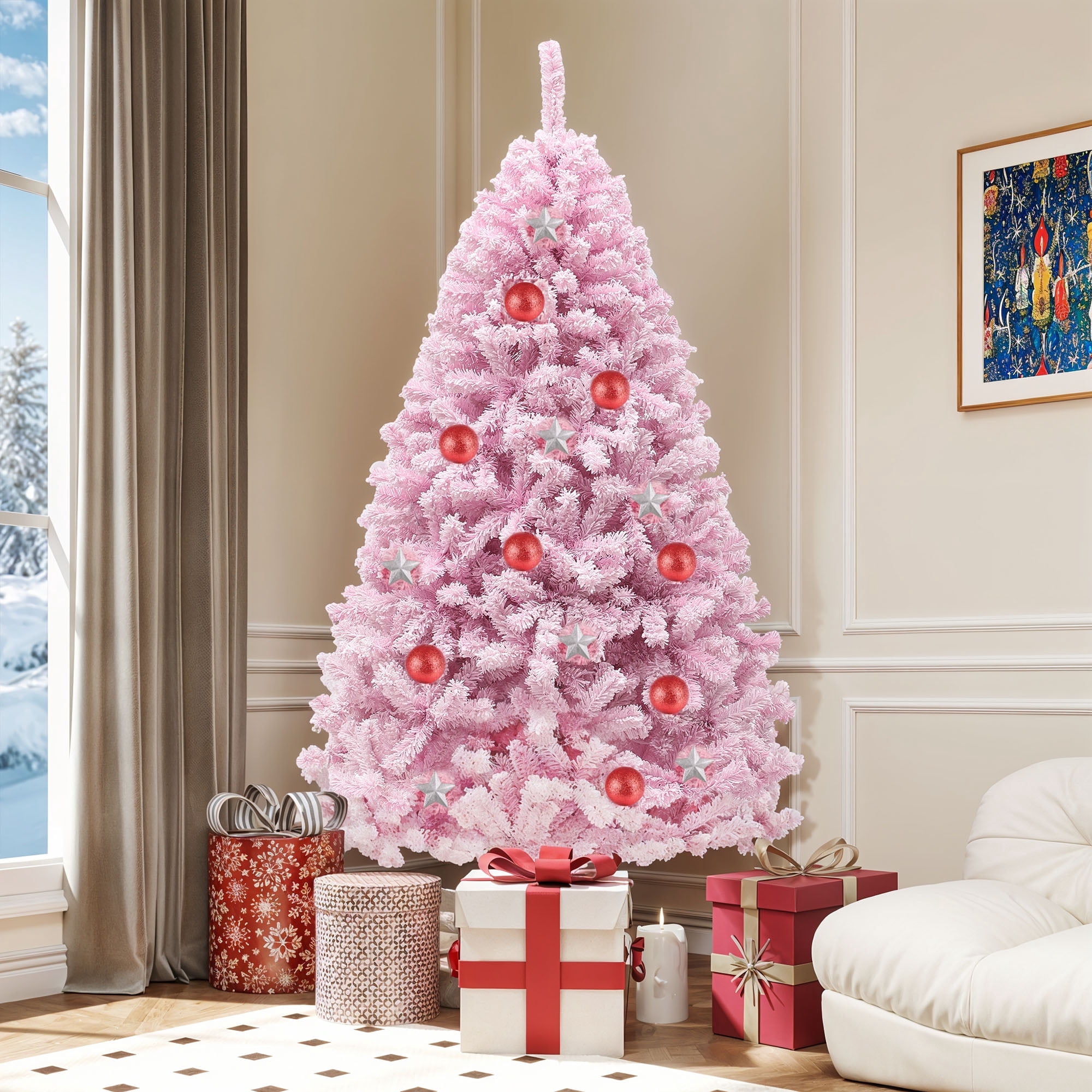 Dextrus 7.5 Ft Pre-lit Flocked Artificial Christmas Tree with 1346 PVC ...