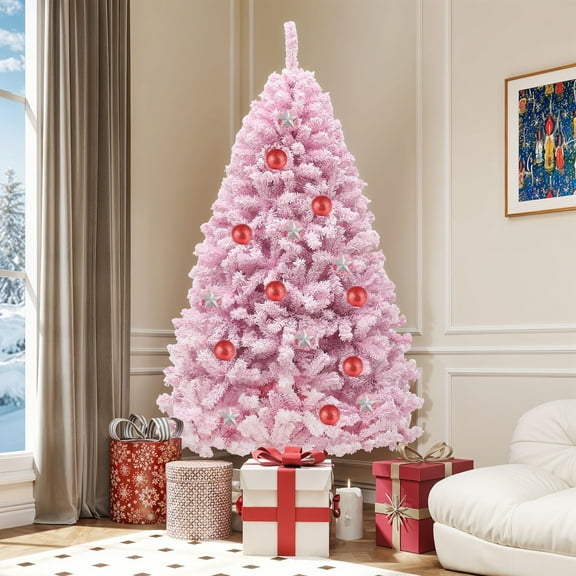 Dextrus 7.5 Ft Pre-lit Flocked Artificial Christmas Tree with 1346 PVC Tips & 550 Warm-White Lights, Pink