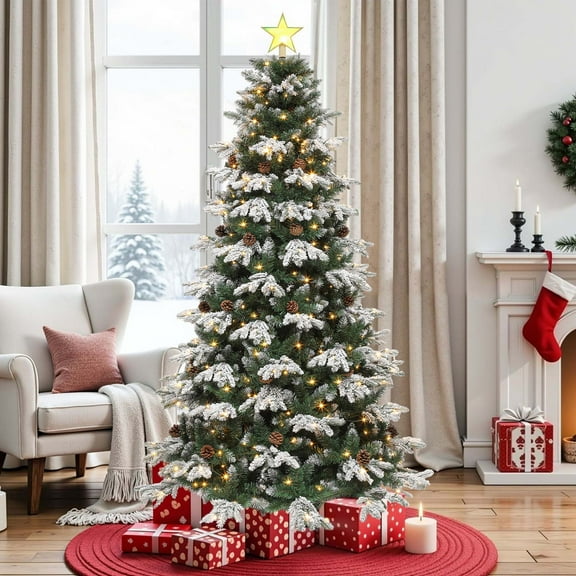 Dextrus 7.5 Ft Pre-lit Tiered Flocked Christmas Tree with 1200 Branch Tips, 400 Lights & 36 Pine Cones, Remote Control