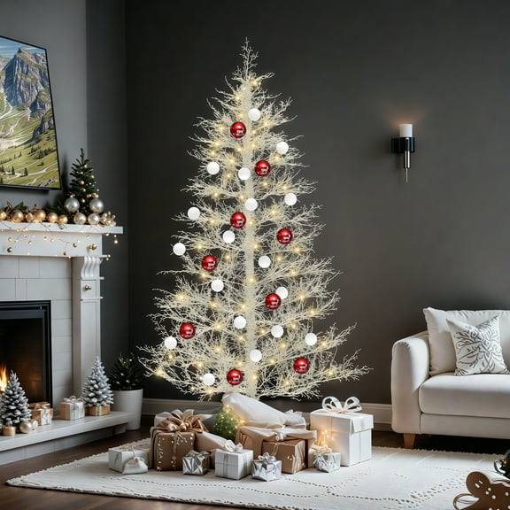Dextrus 7.5 ft Prelit Birch Christmas Tree, White Artificial Christmas Tree with 650 PE Tips & 400 Warm-White Lights, Remote Control,11 Light Modes