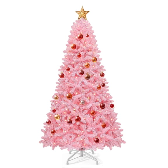 Dextrus 7.5 ft Prelit Spruce Christmas Tree, Hinged Artificial Christmas Tree with 1350 PVC Tips & 550 Lights,8 Light Modes, Pink