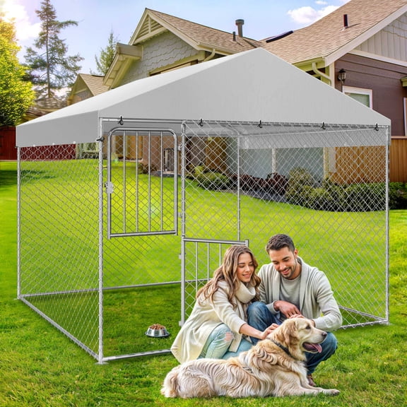 Dextrus 7.5 x 7.5 ft ( 90.5" x 90.5" x 79.5" ) Large Outdoor Dog Run Kennel, Heavy Duty Dog Pets Cage Galvanized Steel Dog Fence Dog Enclosure Playpen with Waterproof Cover