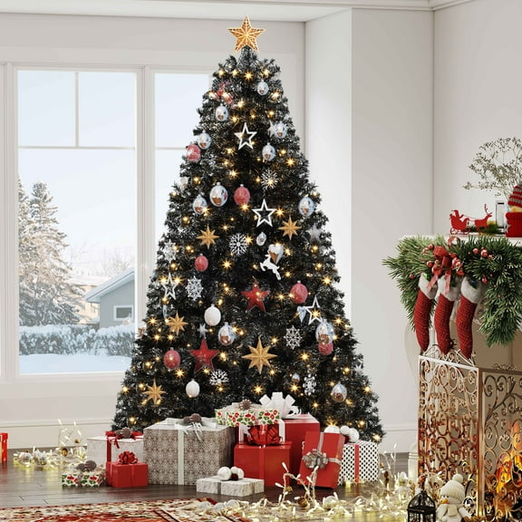 Dextrus 7.5ft Prelit Artificial Christmas Tree, Hinged Christmas Pine Tree with 1600 Branch Tips & 550 Lights, Remote Control, 11 Light Modes, Black
