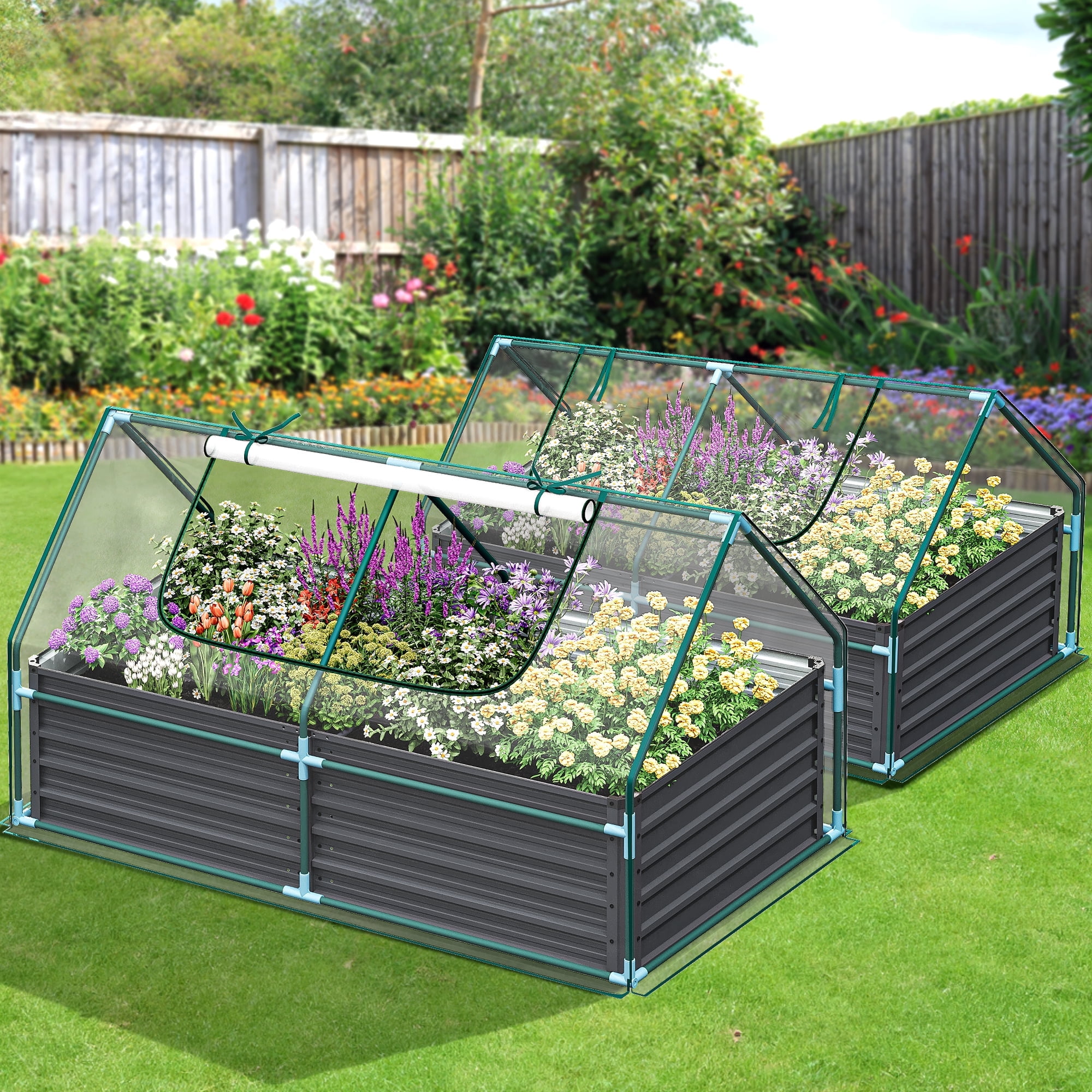Dextrus 7.5x4x4FT Raised Garden Bed with Cover Extra Large Metal Planter Box Outdoor Flower Bed with Mini Greenhouse 2 Zipper Screen Windows for Outdoor Growing Vegetable,Ttransparent