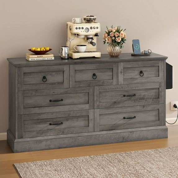 DEXTRUS 7-Drawer Dresser with Power Outlets, Horizontal Double Dresser Wood Chest of Drawer, Gray
