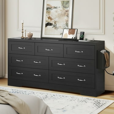 Dextrus 7-Drawer Dresser with Power Outlets, Wood Storage Cabinet Chest of Drawers, Black