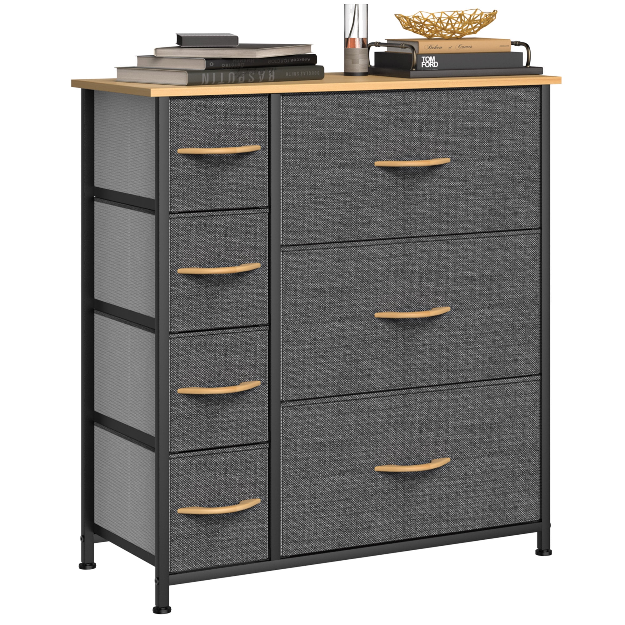 Dextrus 7 Drawers Storage Organizer Wooden Top Shelf for Hallway, Black Grey