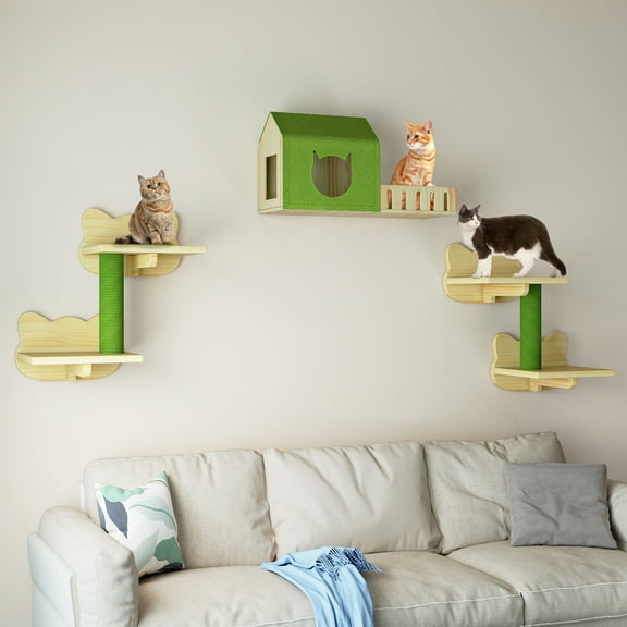 Dextrus 7-Piece Wall-Mounted Cat Furniture Set with Green House, 2 Sisal Scratching Posts & Cat-Shaped Steps – Solid Pine Wood for Indoor Cats, Space-Saving Wall Shelves