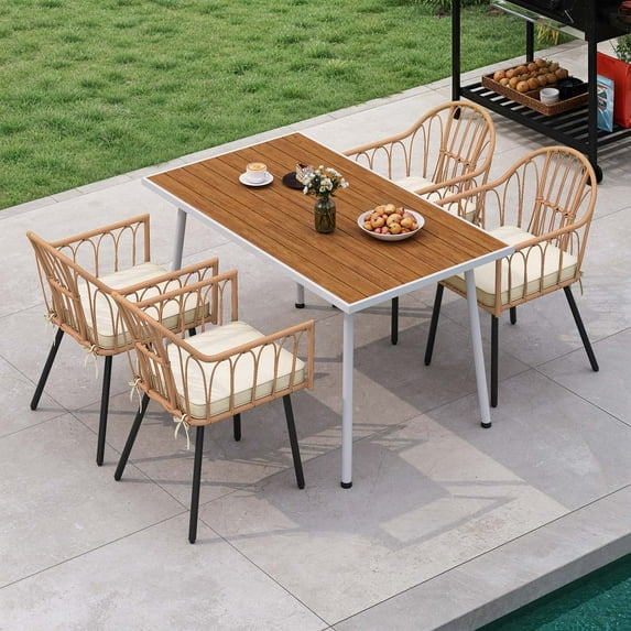 Dextrus 5 Pieces Outdoor Patio Dining Set with 4 Rattan Wicker Dining Chair & Rectangle Table with Umbrella Hole for 4-Person, Beige