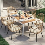 Dextrus 7 Pieces Outdoor Patio Dining Table Set, 6 Rattan Wicker Dining Chair and Rectangular Dining Table with Umbrella Hole for Garden, Lawn,Patios, Backyard