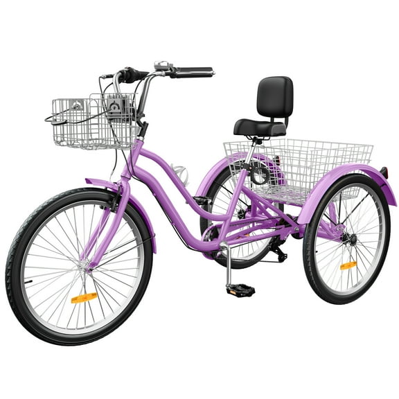 Dextrus 7-Speed 26-Inch Tricycle, 3-Wheel Adult Cruiser Bike, Low Step-Through Design with Front and Rear Baskets, Large Adjustable Seat with Backrest for Seniors, Women, and Men (Purple)