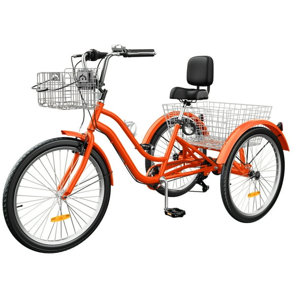 Dextrus 7-Speed 26-Inch Tricycle, 3-Wheel Adult Cruiser Bike, Low Step-Through Design with Front and Rear Baskets, Large Adjustable Seat with Backrest for Seniors, Women, and Men (Orange)