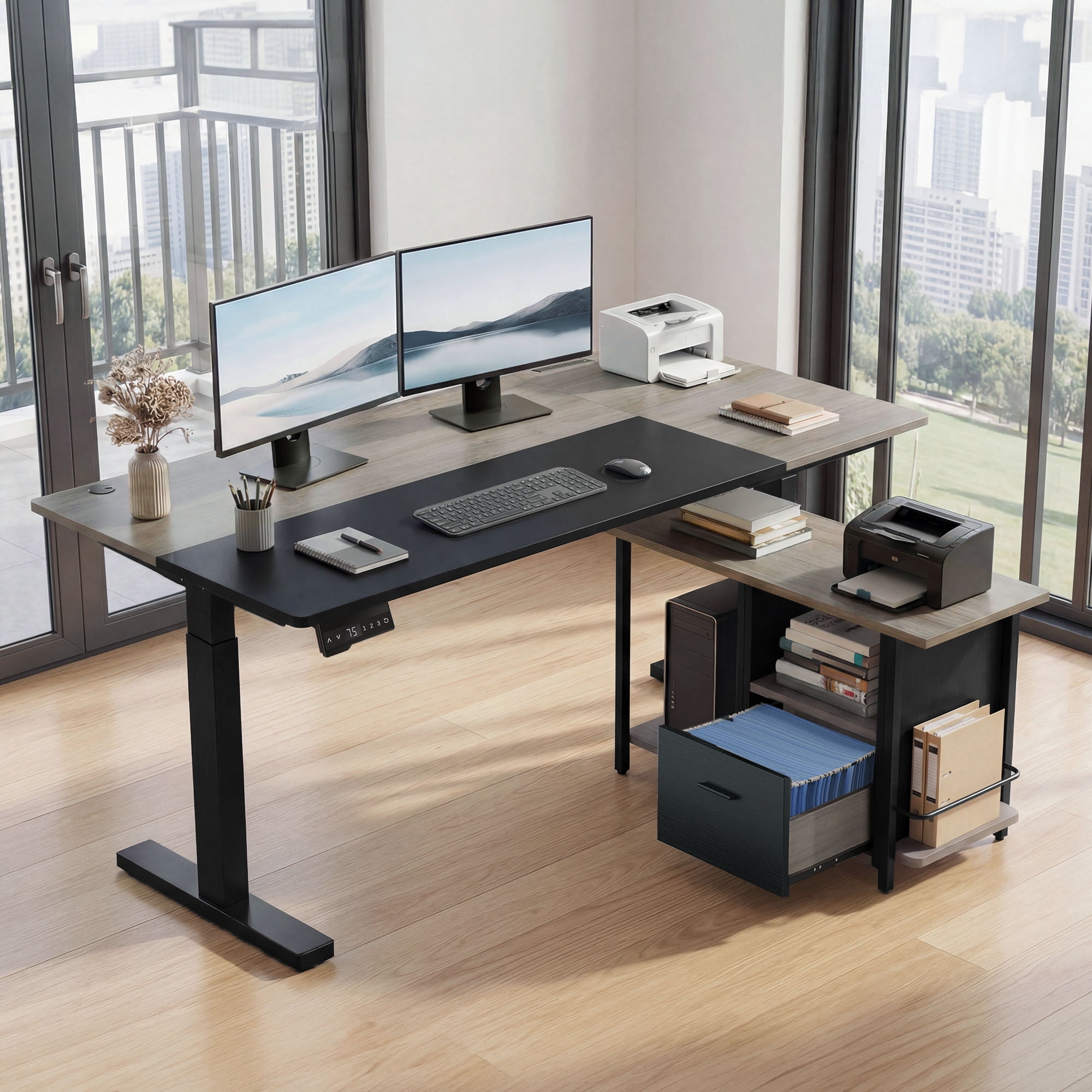 Dextrus 70.1" L Shaped Electric Standing Desk with Power Outlets, Adjustable Height Sit Stand Corner Executive Desk with Drawers & Shelves, Grey + Black
