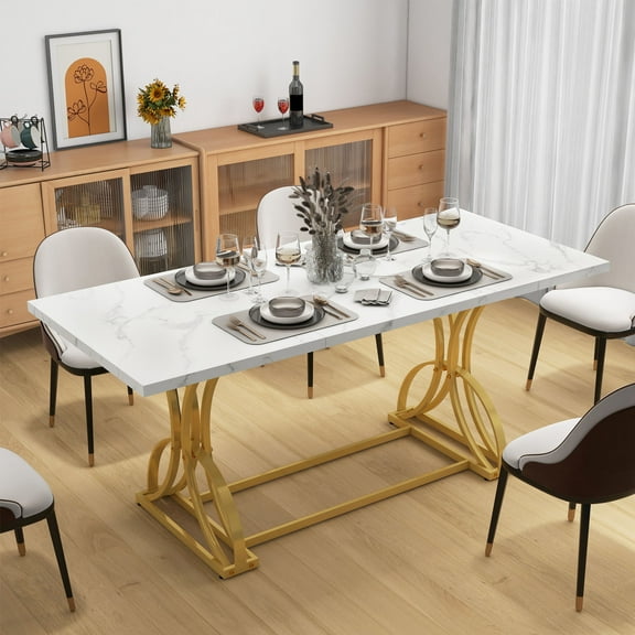 Dextrus 70.3" Solid Wood Dinner Table for 6-8 Person, Rectangular Modern Kitchen Table with Faux Marble Tabletop and Gold Geometric Metal Legs - White & Gold