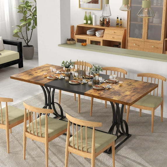 Dextrus 70.3" Solid Wood Dinner Table for 6-8 Person, Rectangular Rustic Farmhouse Kitchen Table for Gathering, Meeting, Office Kitchen, Dining Living Room - Brown & Black