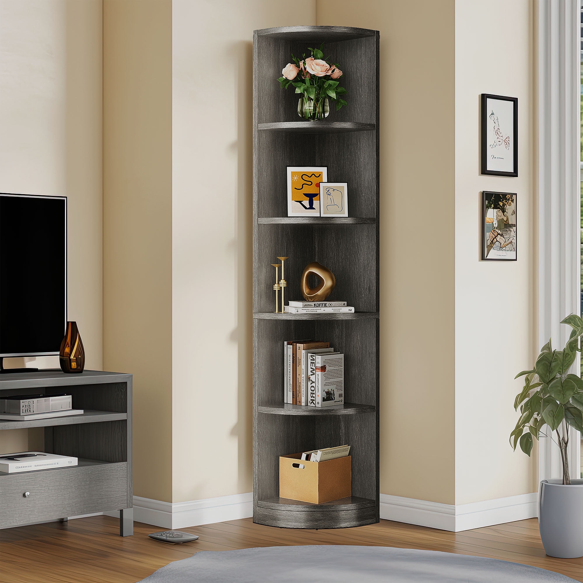 Dextrus 70.8" Corner Shelf, 5 Tier Corner Bookshelf and Bookcase, Modern Open Free Standing Shelving Unit Wooden Display Rack Storage Shelves , Gray