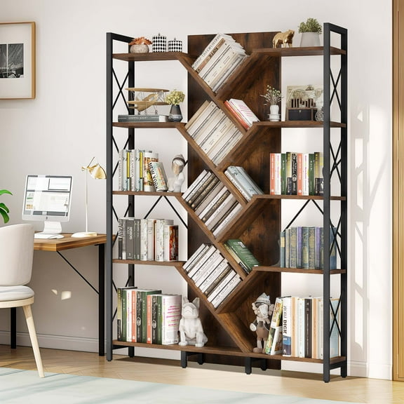 Dextrus 70.8" Tall Bookshelf and Bookcase, Industrial 5 Tier Large Bookshelves, Standing Tree Book Shelves Organizer Wide Display Rack for Living Room,Bedroom, Home Office, Rustic Brown