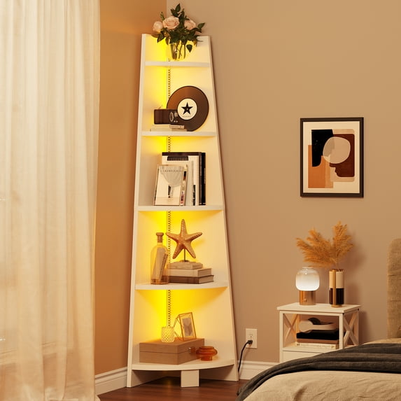 Dextrus 70.9"Corner Shelf with Led Light, 5 Tier Corner Bookcase & Bookshelf, White Open Display Shelving, Storage Rack Ladder Wood Shelf for Living Room, Home Office