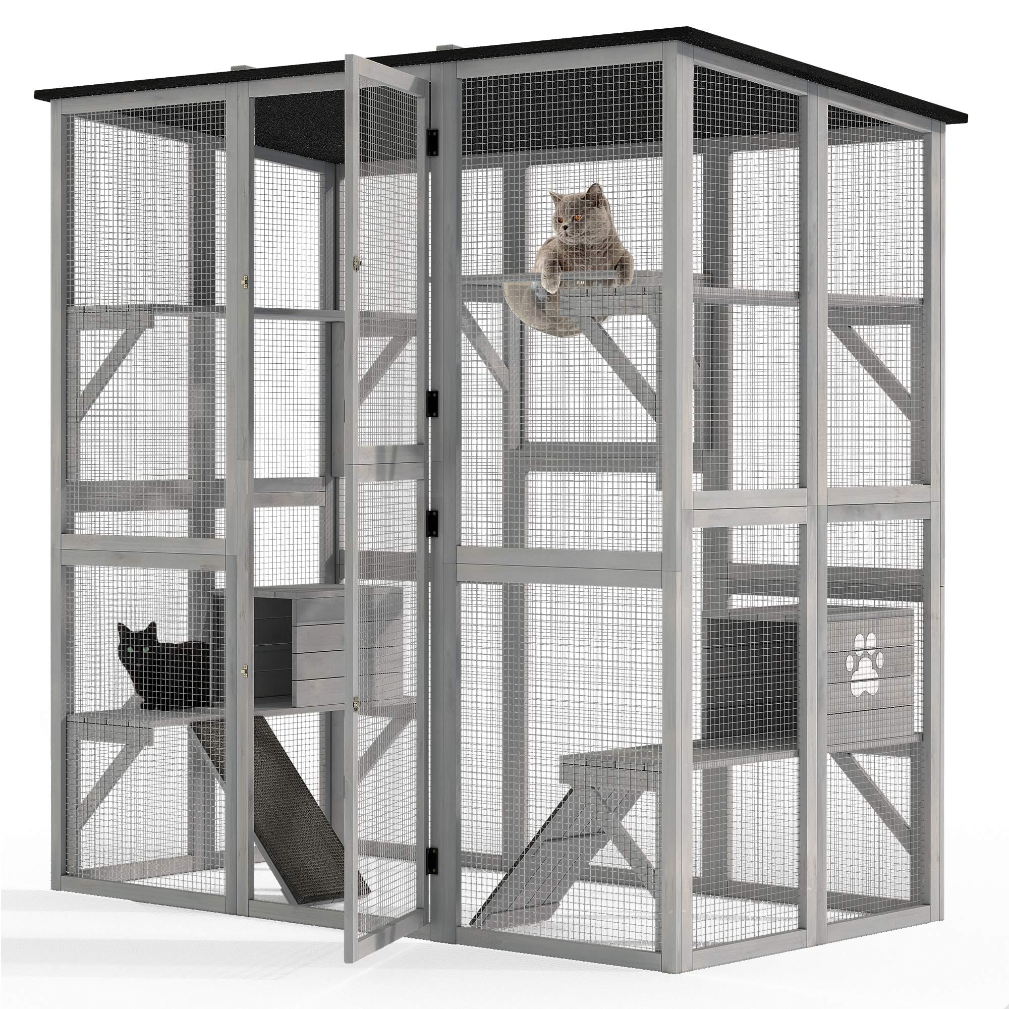 Dextrus 70.9" Outdoor Large Cat Cage, Catio Kitten Cat Enclosure, Wooden Cat House with Asphalt Roof , Cat Cage Playpen with Multiple Platforms & 2 Resting Boxes