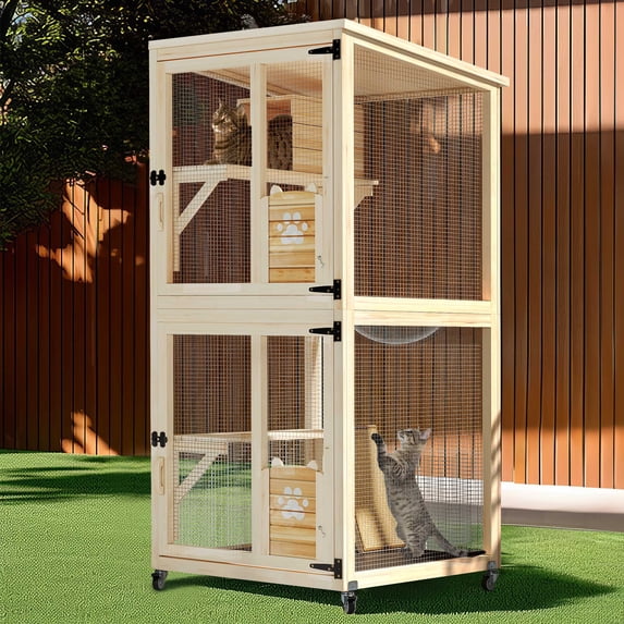 Dextrus 70.9" Wooden Cat House, Outdoor Catio Cat Enclosures with 4 Wheels Wooden Cat Cage Large Kitten with Resting Box, Scratching Post - Teak