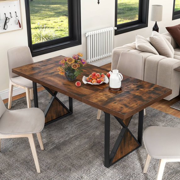 Dextrus 70" Dining Table for 6-8 People, Large Rectangular Wood Kitchen Table Farmhouse Dinner Table with Metal Legs for Dining Room, Kitchen, Brown & Black