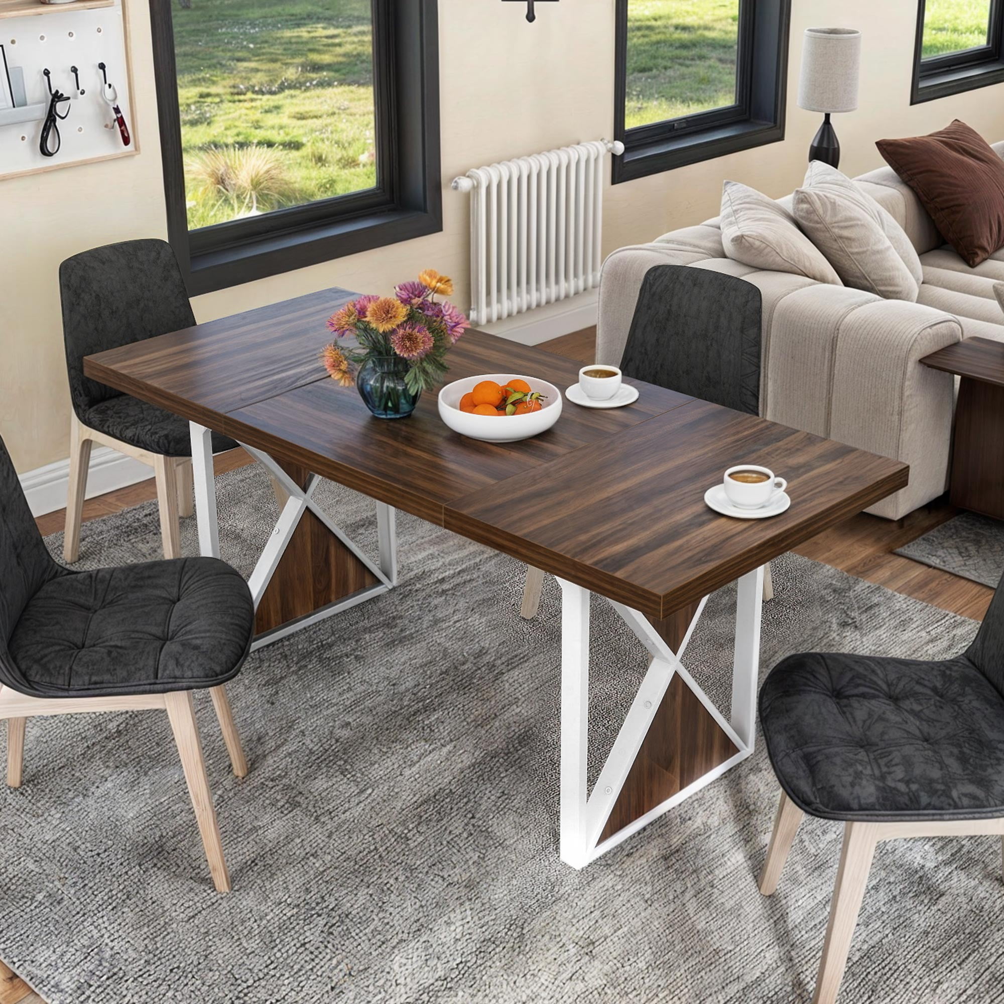 Dextrus 70" Dining Table for 6-8 People, Large Rectangular Wood Kitchen Table Farmhouse Dinner Table with Metal Legs for Dining Room, Kitchen, Brown & White