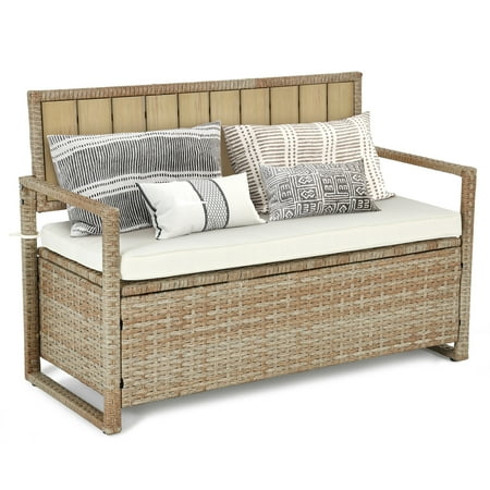 Dextrus 70 Gallon Outdoor PE Rattan Storage Bench Deck Box With Cushions ,Seat Box for Patio Furniture - Beige