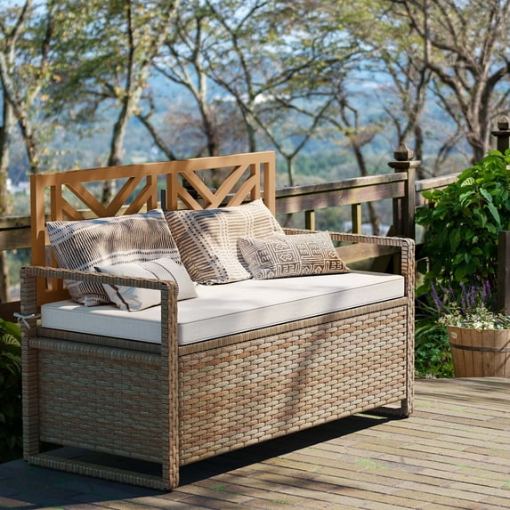 Dextrus 70 Gallon Outdoor PE Rattan Storage Bench Deck Box With ...