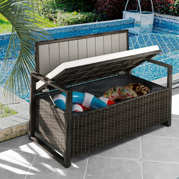 Dextrus 70 Gallon Outdoor Storage Bench Loveseat Wicker Storage Seat for Patio Furniture Outdoor Cushions Pool Storage Brown
