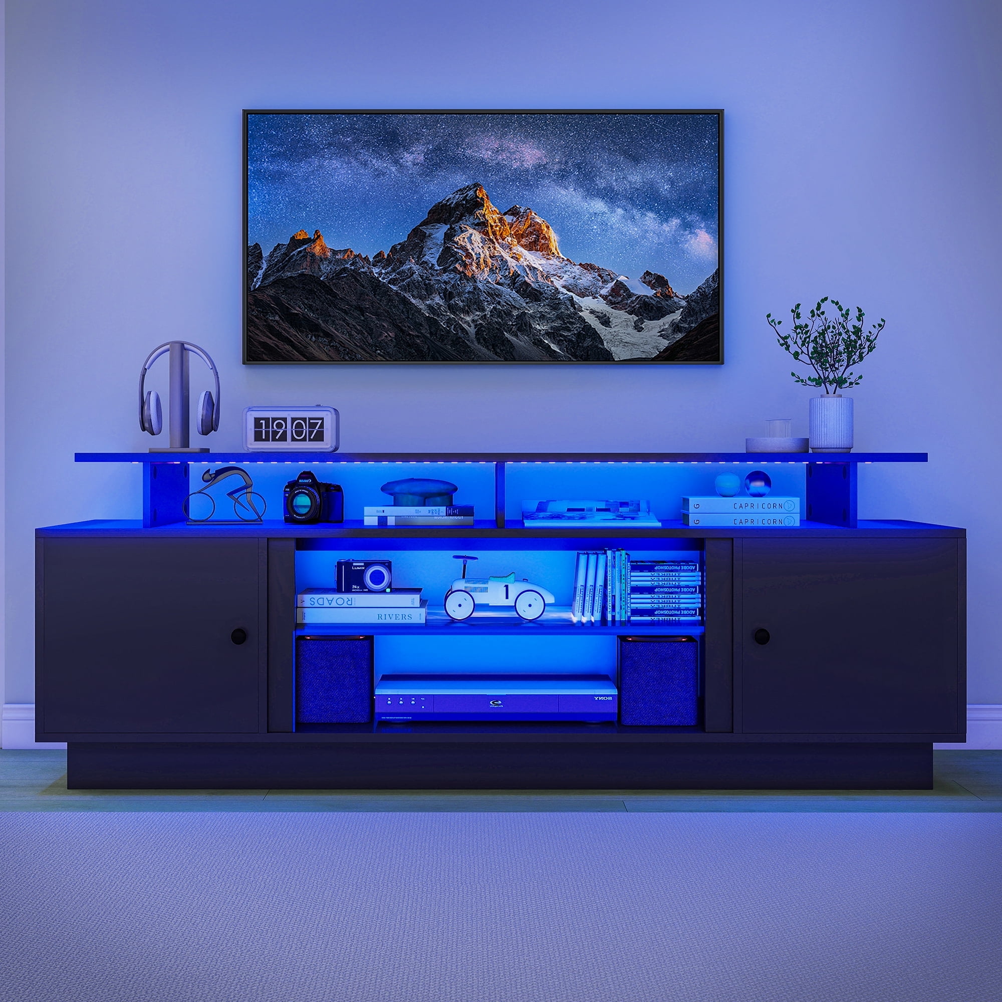 Dextrus 70 Inch Black Modern TV Stand, Suitable for TVs Up to 75 Inches, Living Room Entertainment Center with Light Strip, Storage Cabinets and Adjustable Partition