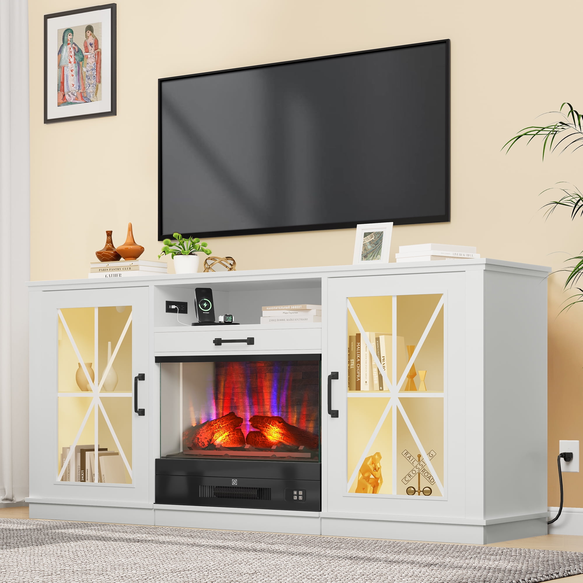 Dextrus 70 Inch LED Entertainment Center with Fireplace for up to 80