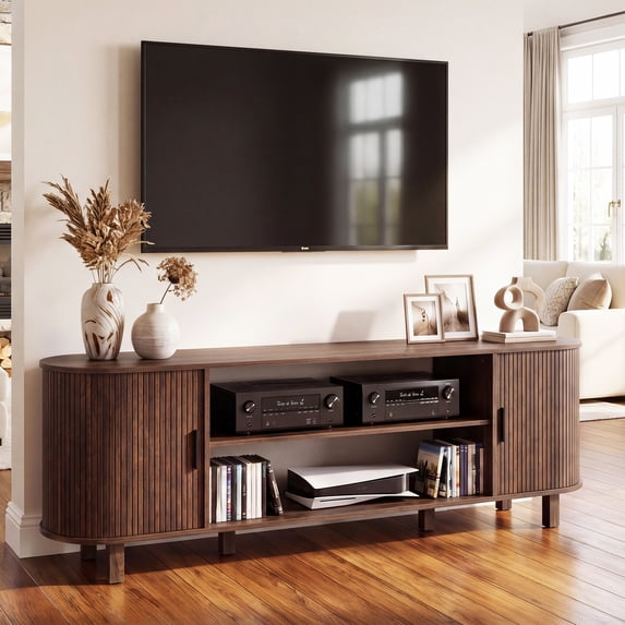 Dextrus 70 Inch Mid Century Modern TV Stand with Fluted Rolling Doors and Adjustable Shelves, Fits Up to 75 Inch TV for Living Room, Walnut