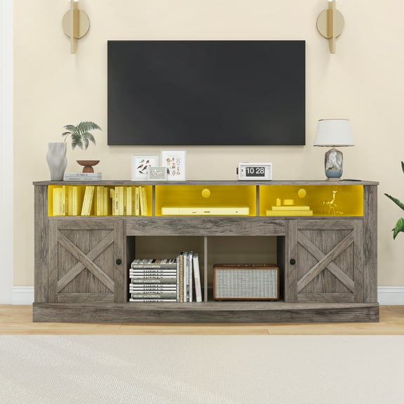 Dextrus 70 Inch Rustic Grey Farmhouse TV Stand Suitable for TVs up to 80 Inches, Living Room Entertainment Center with Power Outlet, Barn Doors and Storage Cabinets