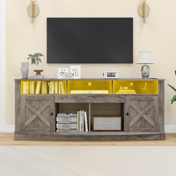 Dextrus 70 Inch Rustic Grey Farmhouse TV Stand Suitable for TVs up to 80 Inches, Living Room Entertainment Center with Power Outlet, Barn Doors and Storage Cabinets