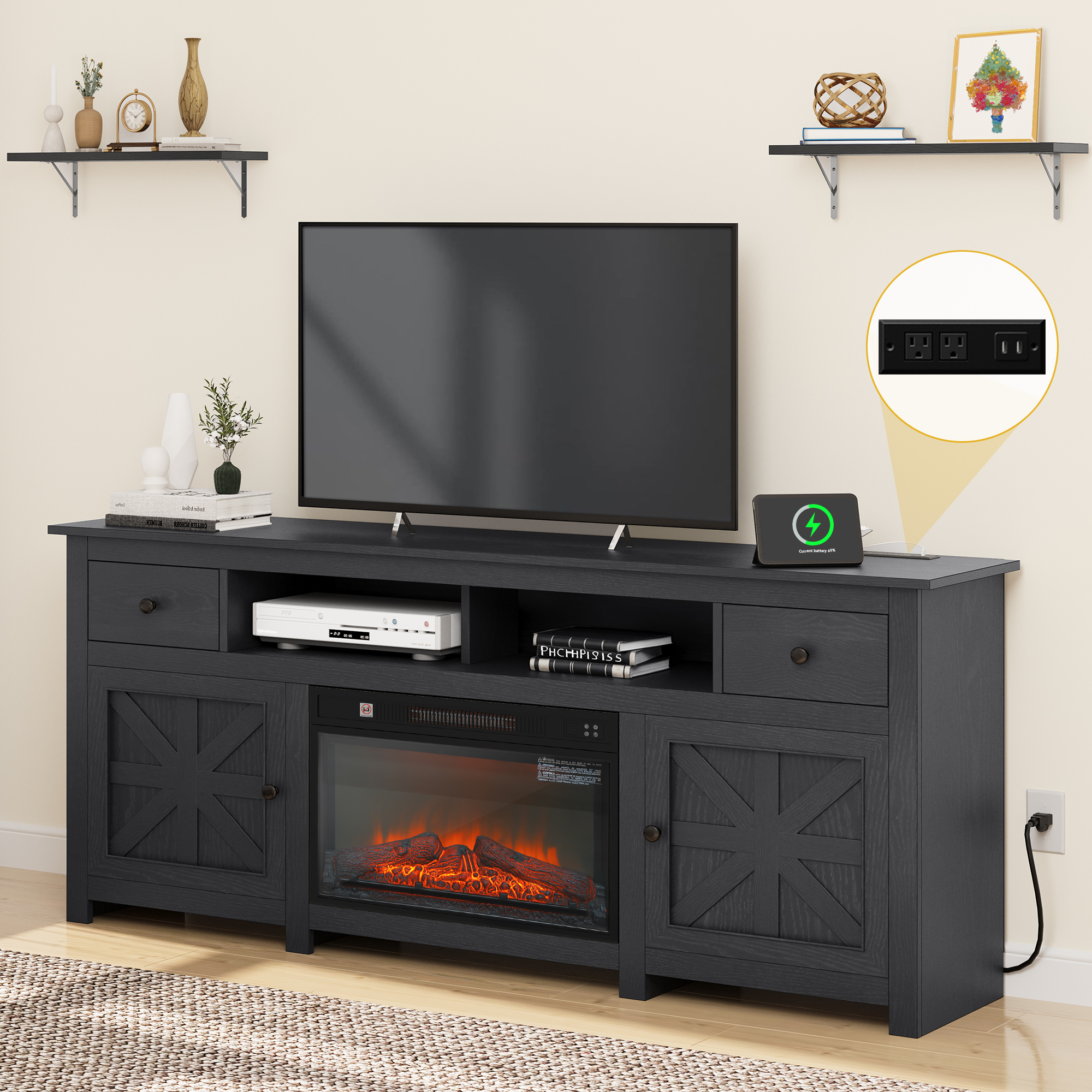 Dextrus 70 Inch TV Stand with Removable Electric Fireplace for Screens