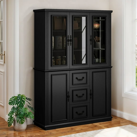 Dextrus 70" Tall Pantry Cabinet with Glass Doors, Modern Farmhouse Kitchen Pantry Storage Cabinet with Drawer, Black