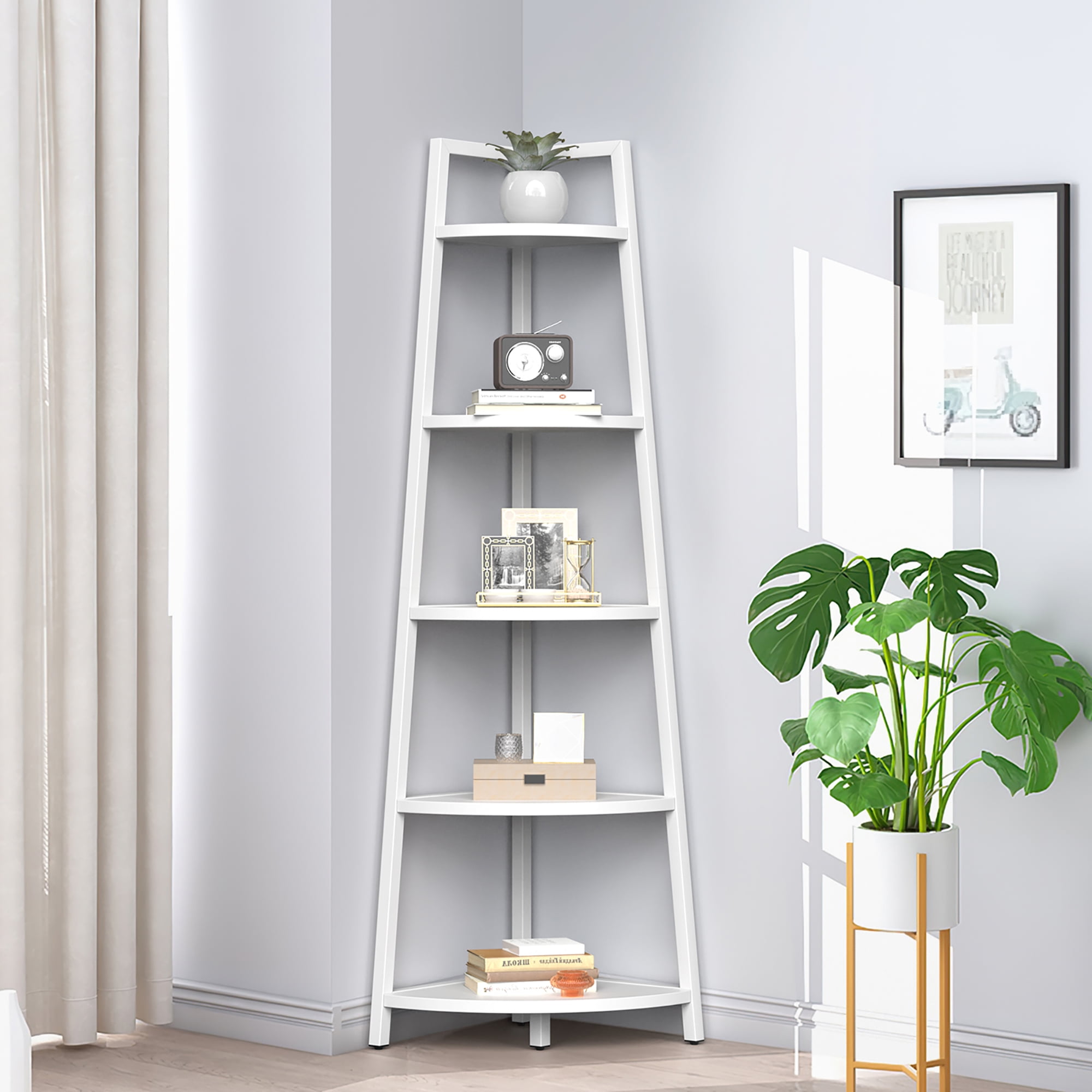 5-Tier Corner Bookshelf 66.7" Tall With 2 Fluted Doors - Wood Color Freestanding Display Shelf For Living Room, Office