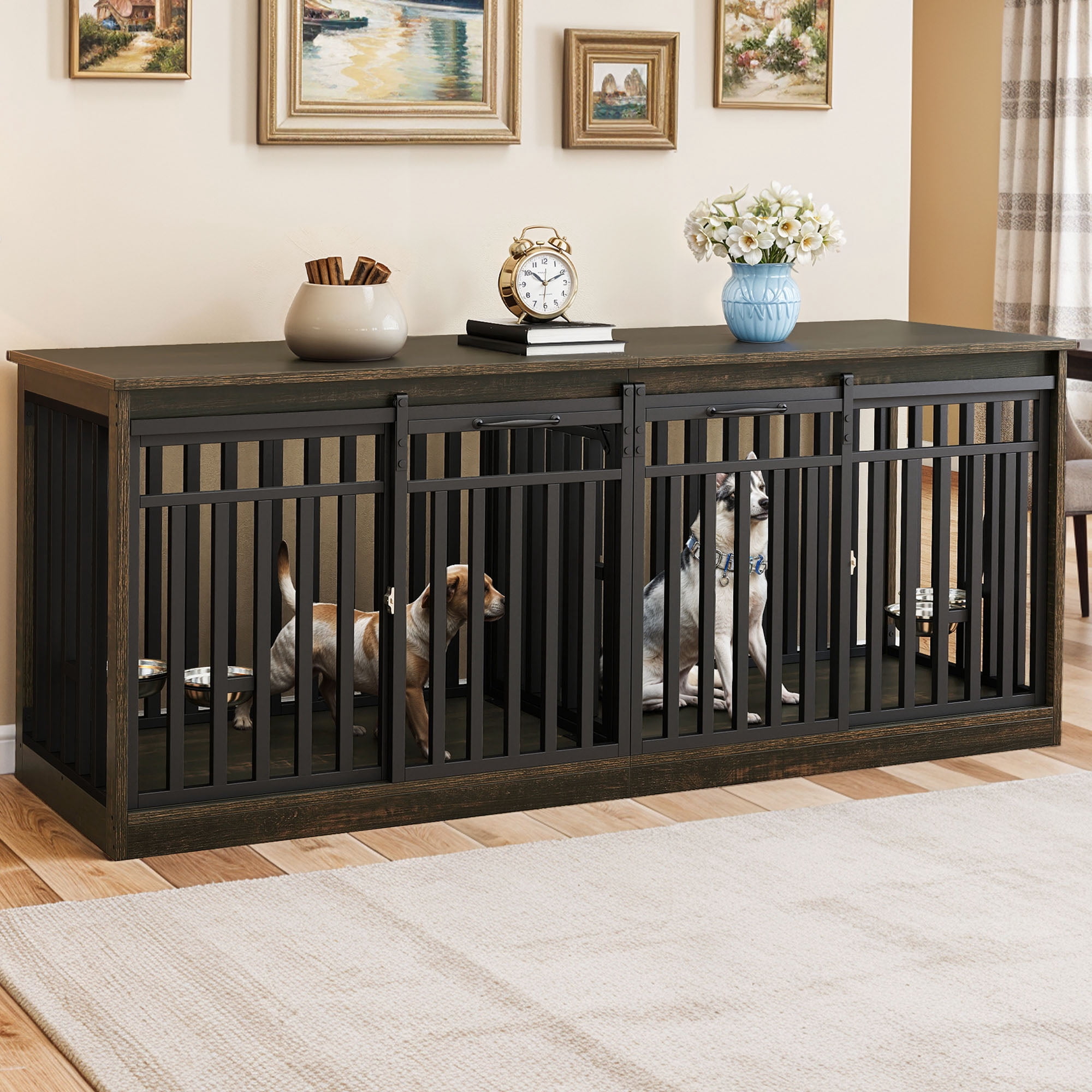 Dextrus 71" Dog Crate Furniture with 4 Dog Bowls for 2 Dogs, Heavy Duty Wooden Dog Kennel Crate TV Stand - Black Oak