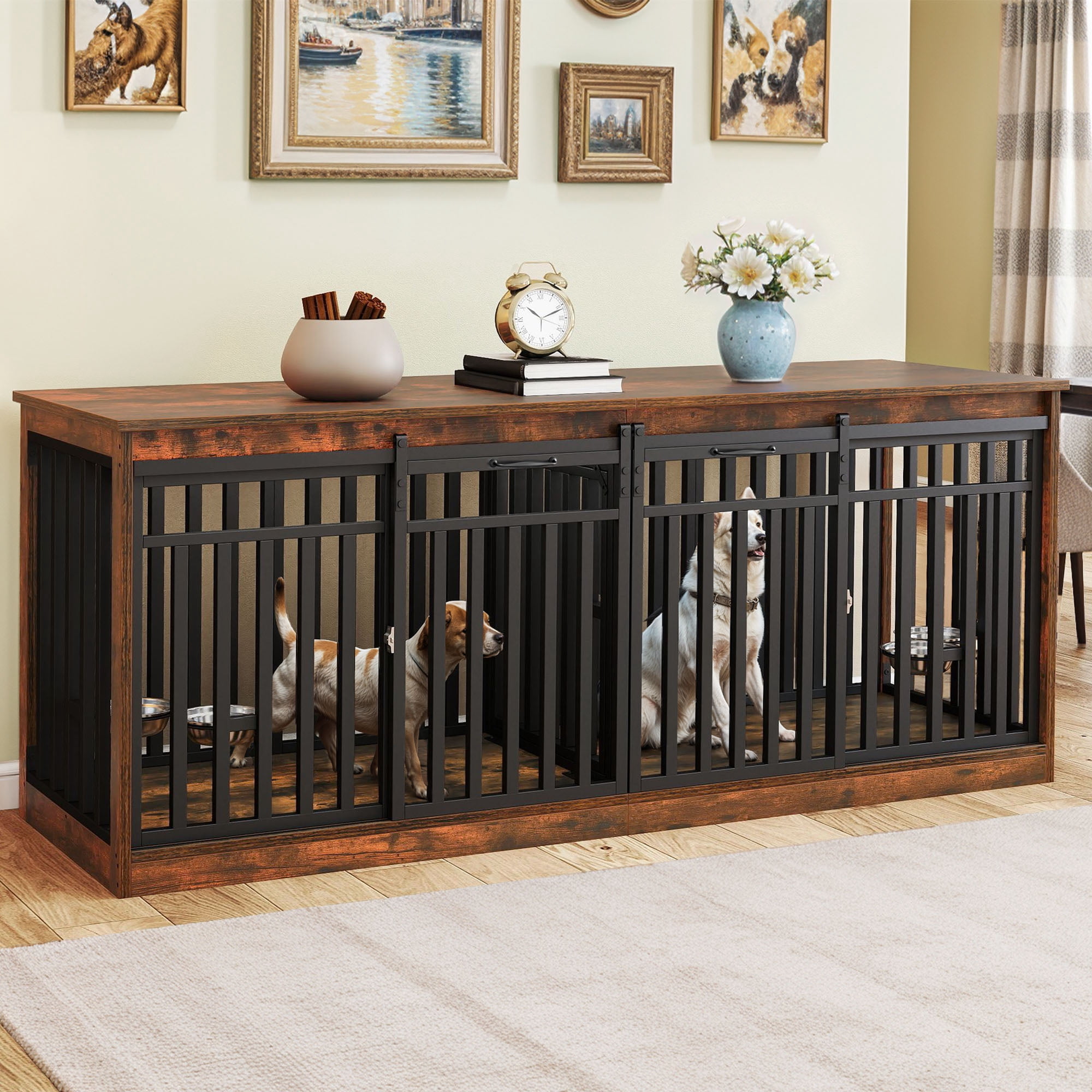 Dextrus 71" Dog Crate Furniture with 4 Dog Bowls for 2 Dogs, Heavy Duty Wooden Dog Kennel Crate TV Stand - Rustic Brown