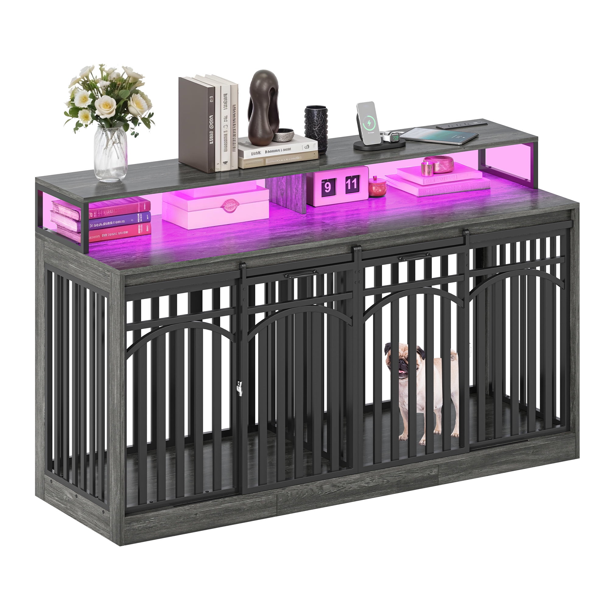 Dextrus 71" Dog Crate, TV Stand with LED Lighting and Power Outlets, Double Door Dog Kennel for Large Dogs, Heavy-Duty Indoor Dog Crate Furniture, Gray Oak