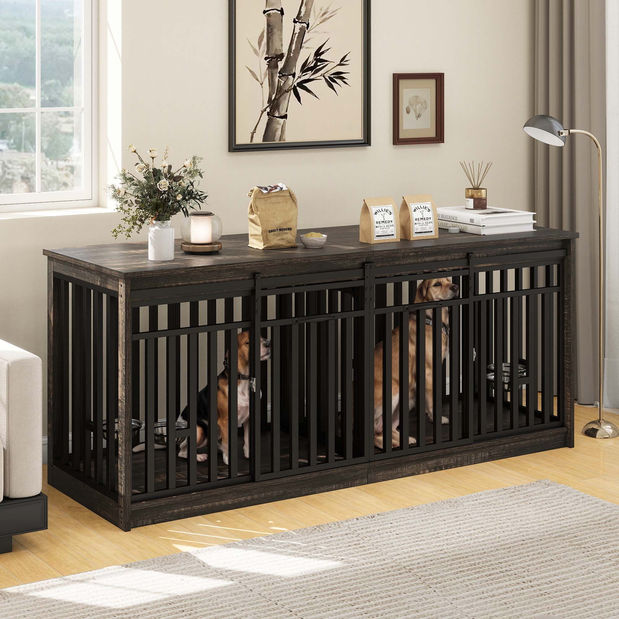 Dextrus 71" Large Double Dog Crate Kennel Furniture with 4 Dog Bowl